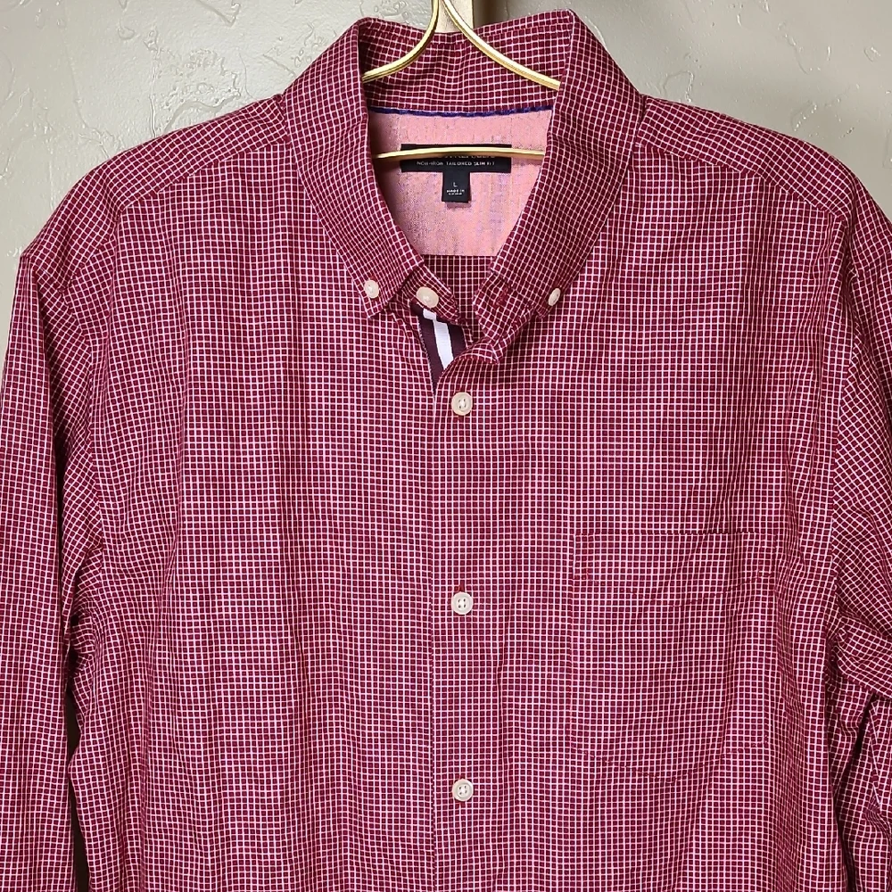Banana Republic Red Non-iron Tailored Slim Fit Gingham Long Sleeve Shirt Large